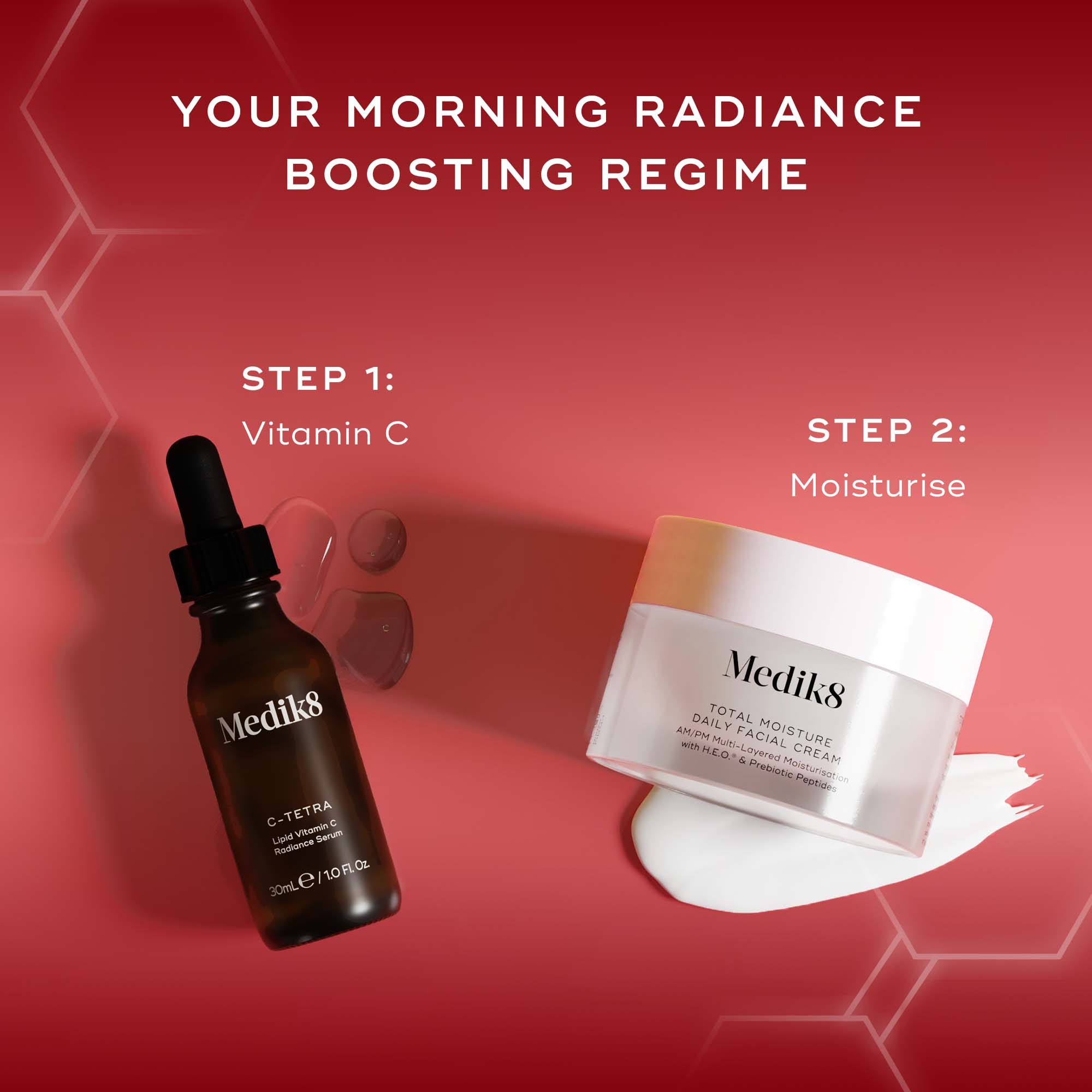 Skincare products with 'Medik8' branding on a red background, labeled for a morning radiance boosting regime.