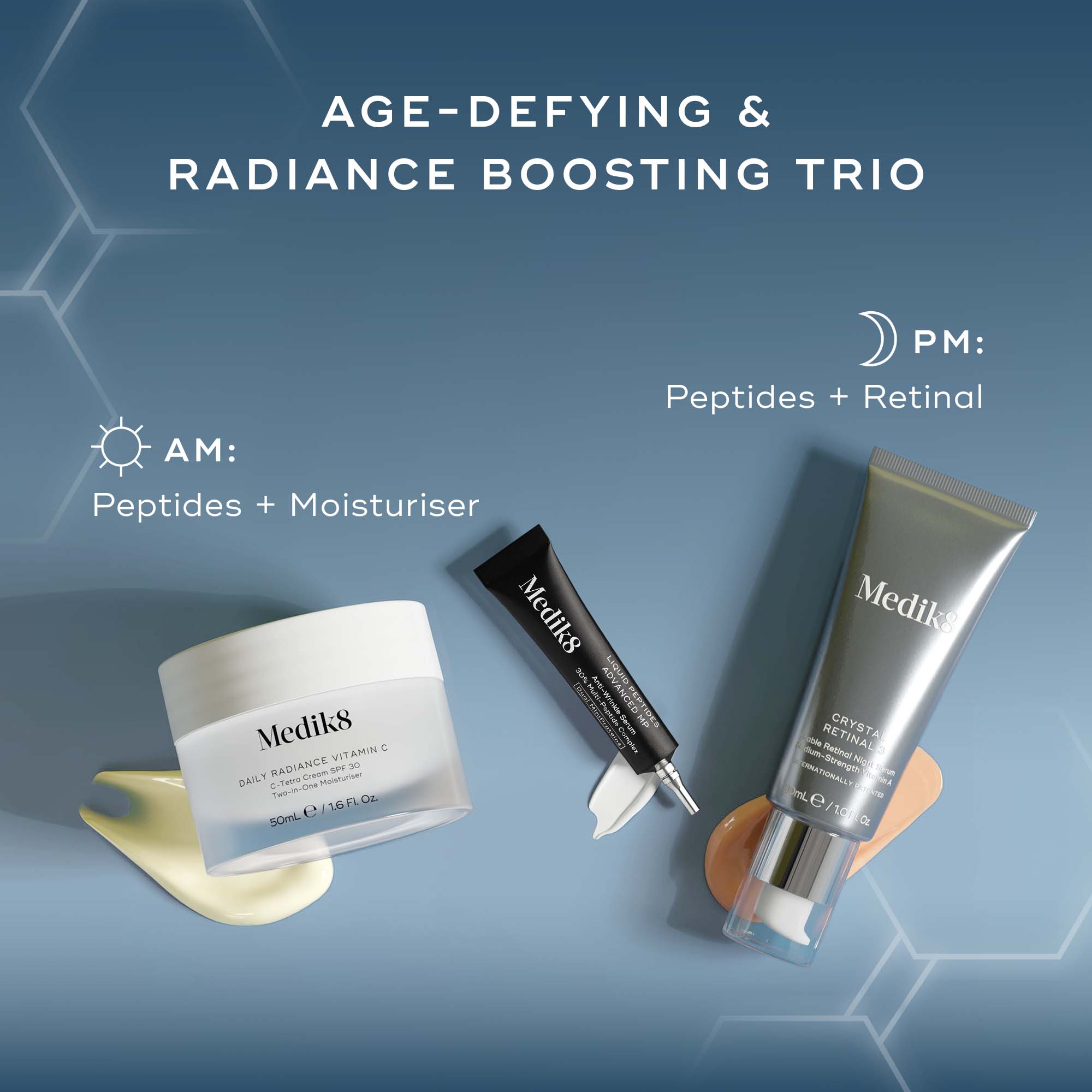Medik8 skincare products for age-defying and radiance boosting on a blue background