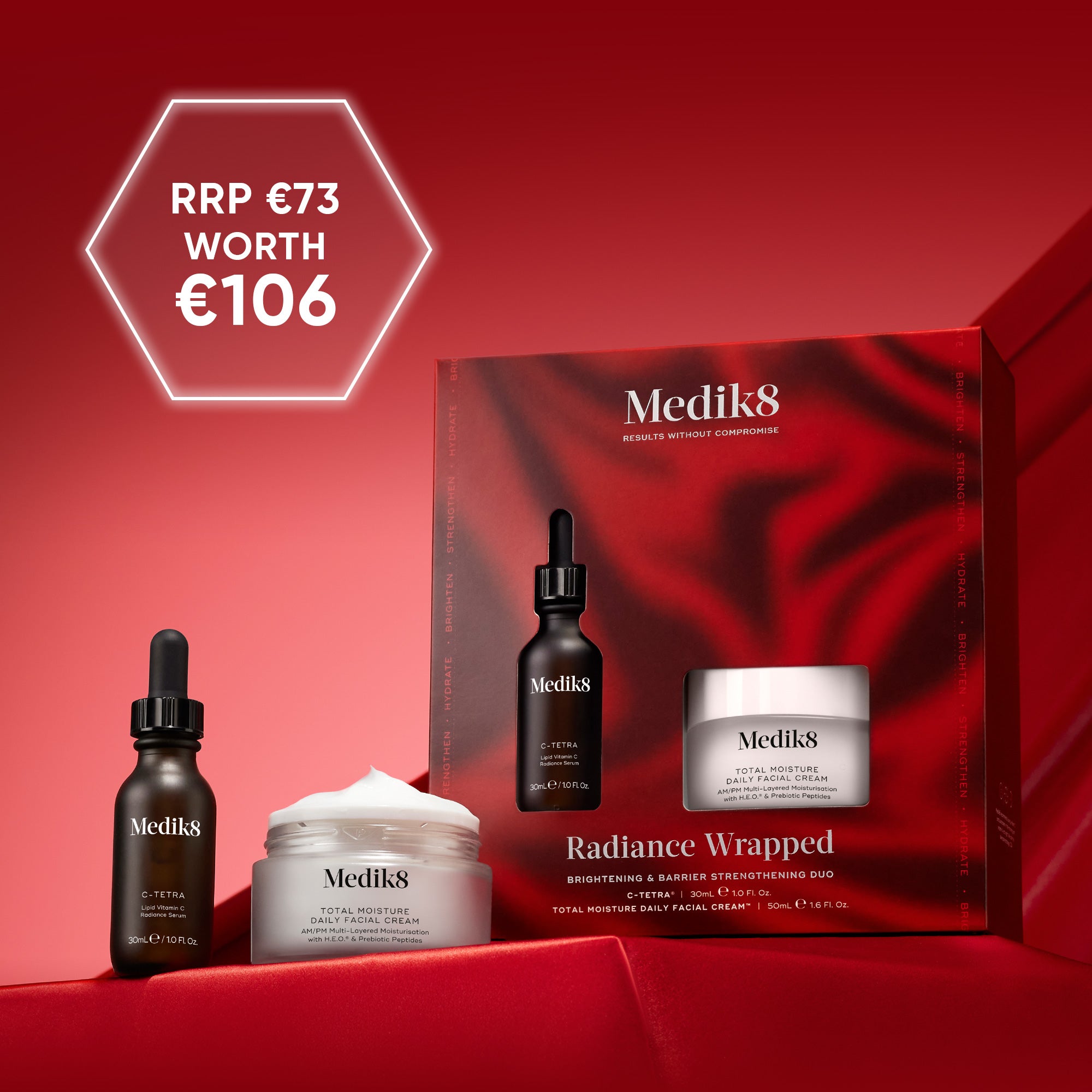 Medik8 Radiance Wrapped including bottles and a box on a red background