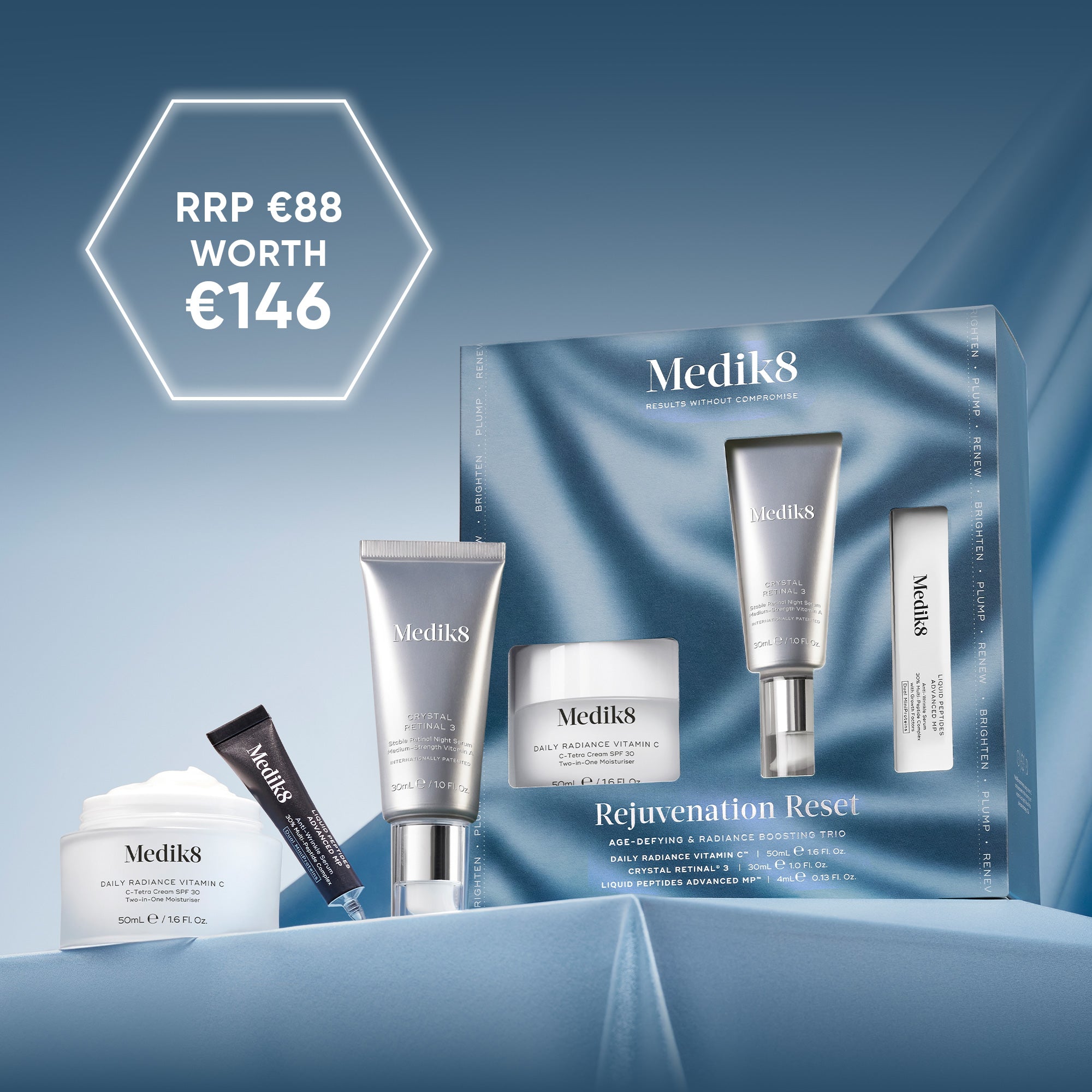 Medik8 Rejuvenation Reset set with packaging on a blue gradient background