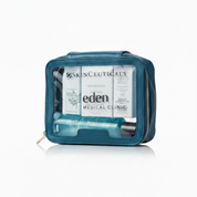Blue travel pouch with SkinCeuticals and Eden Medical Clinic products on a white background